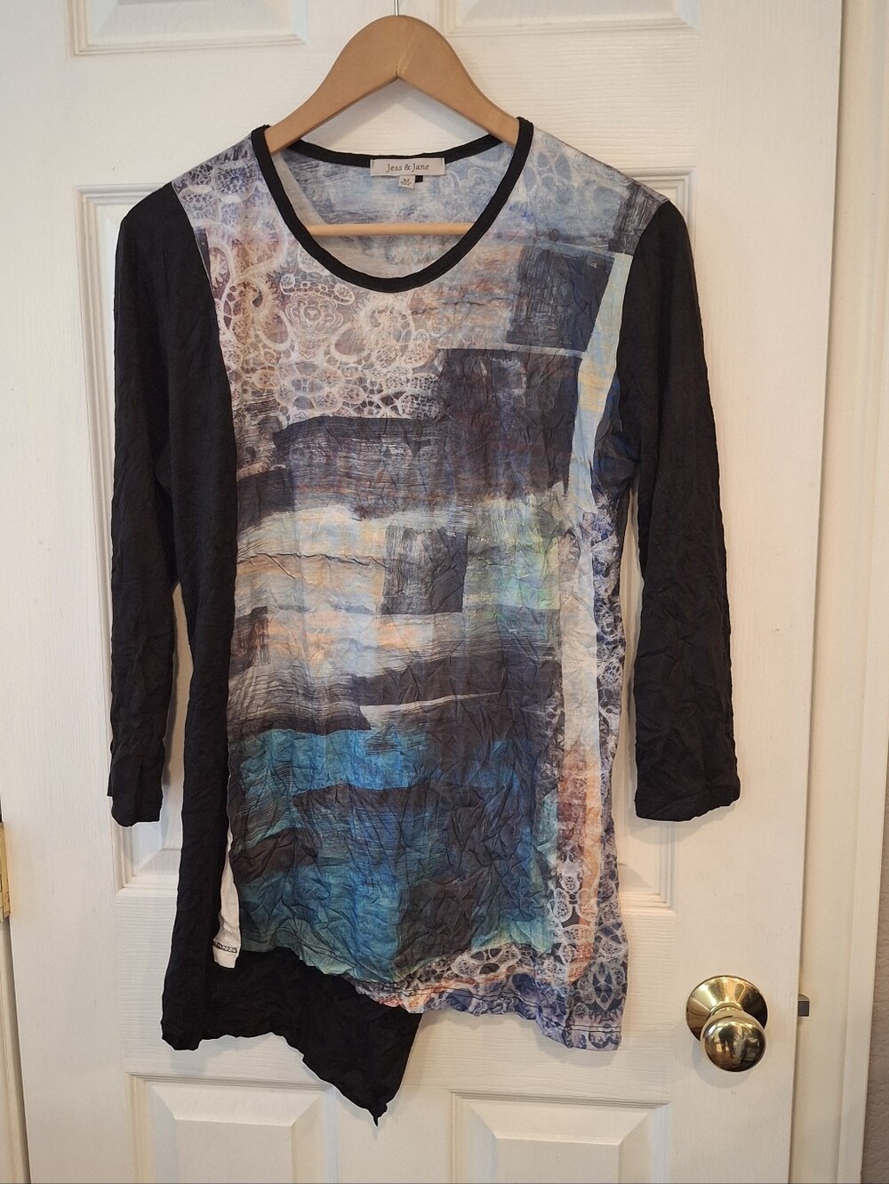 Jess & Jane Womens 3/4 Sleeve Artsy Krinkled Tunic Top Sz M Asymmetrical Hem
